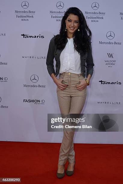 Rebecca Mir attends the Umasan show during Mercedes-Benz Fashion Week Autumn/Winter 2014/15 at Brandenburg Gate on January 17, 2014 in Berlin,...