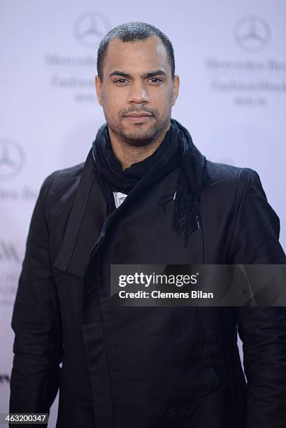 Patrice Bouedibela attends the Umasan show during Mercedes-Benz Fashion Week Autumn/Winter 2014/15 at Brandenburg Gate on January 17, 2014 in Berlin,...