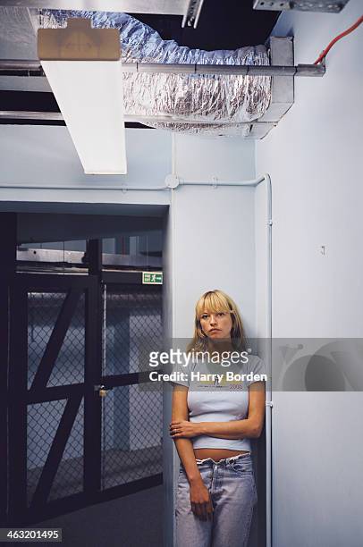 Radio presenter Sara Cox is photographed by the Observer on June 5, 2001 in London, England.