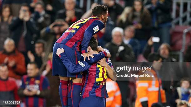 Lionel Messi of FC Barcelona celebrates with his team-mates as he scored the first goal during the Copa del Rey match between FC Barcelona and...