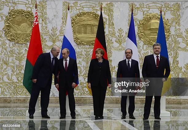 Belarusian President Alexander Lukashenko, Russian President Vladimir Putin, German Chancellor Angela Merkel, French President Francois Hollande, and...