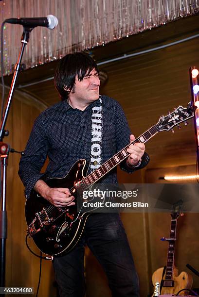 Rodrigo Gonzalez with the band Gemma Ray performs at the Wim Wenders Party during the 65th Berlinale International Film Festival at Claerchens...