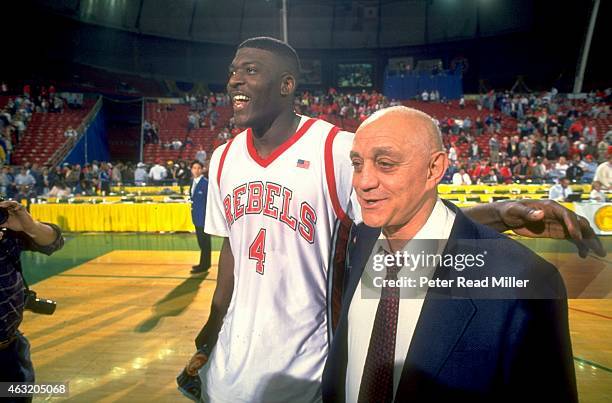 Playoffs: UNLV coach Jerry Tarkanian with Larry Johnson after winning game vs Utah at Kingdome. Seattle, WA 3/21/1991 CREDIT: Peter Read Miller