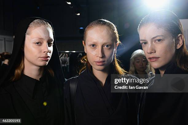 Models are seen backstage ahead of the Anne Gorke show during Mercedes-Benz Fashion Week Autumn/Winter 2014/15 at Brandenburg Gate on January 17,...