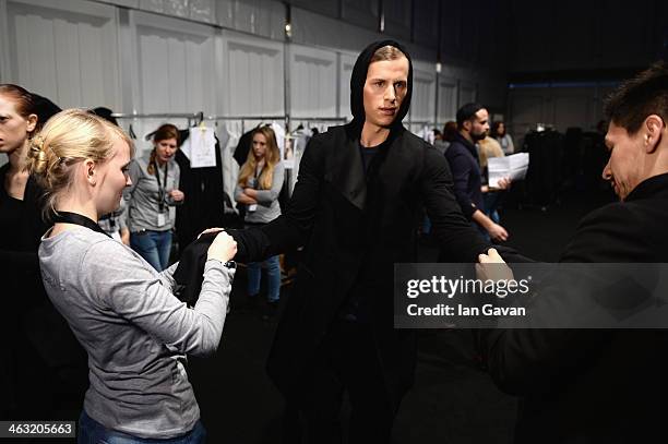 Models are seen backstage ahead of the Anne Gorke show during Mercedes-Benz Fashion Week Autumn/Winter 2014/15 at Brandenburg Gate on January 17,...
