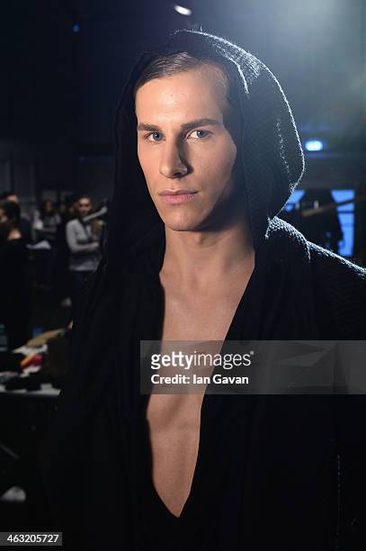 Model is seen backstage backstage ahead of the Umasan show during Mercedes-Benz Fashion Week Autumn/Winter 2014/15 at Brandenburg Gate on January 17,...