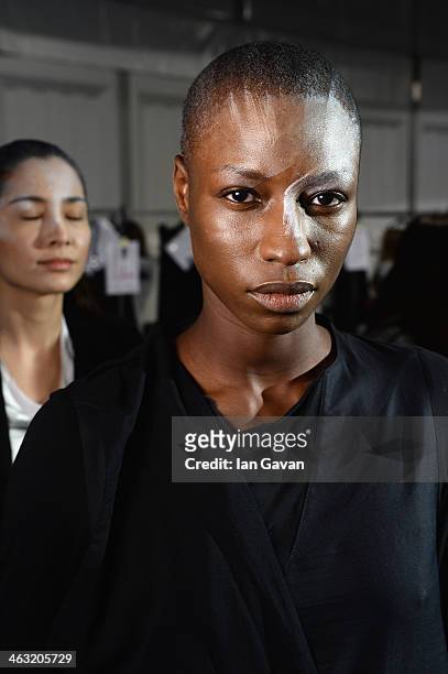 Model is seen backstage backstage ahead of the Umasan show during Mercedes-Benz Fashion Week Autumn/Winter 2014/15 at Brandenburg Gate on January 17,...