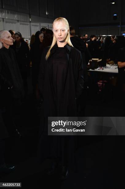 Model is seen backstage backstage ahead of the Umasan show during Mercedes-Benz Fashion Week Autumn/Winter 2014/15 at Brandenburg Gate on January 17,...