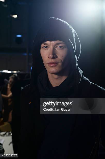 Model is seen backstage backstage ahead of the Umasan show during Mercedes-Benz Fashion Week Autumn/Winter 2014/15 at Brandenburg Gate on January 17,...