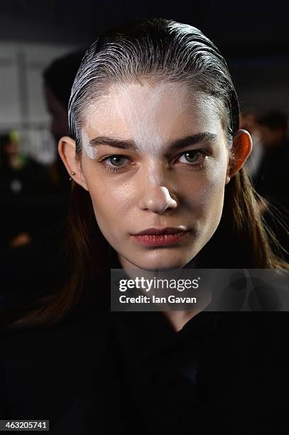 Model is seen backstage backstage ahead of the Umasan show during Mercedes-Benz Fashion Week Autumn/Winter 2014/15 at Brandenburg Gate on January 17,...