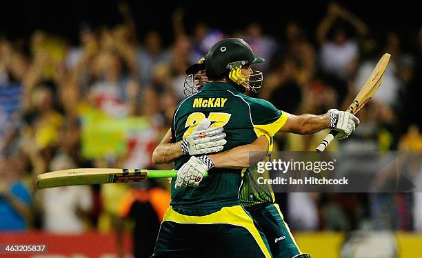 James Faulkner and Clint McKay of Australia celebrate after winng the second game of the One Day International Series between Australia and England...