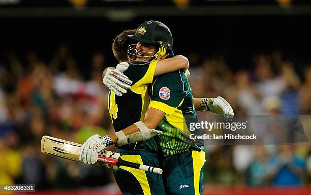 James Faulkner and Clint McKay of Australia celebrate after winng the second game of the One Day International Series between Australia and England...