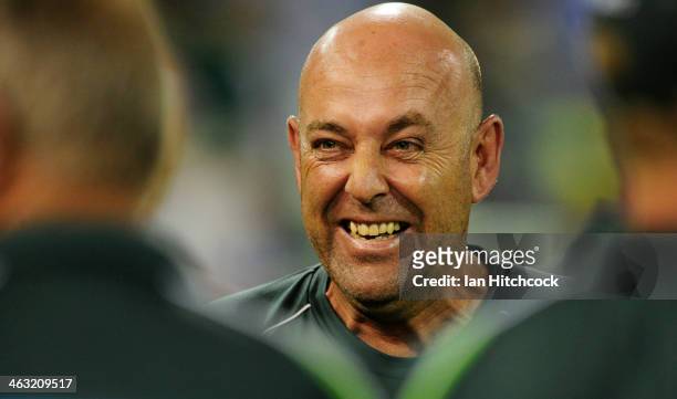 Darren Lehmann of Australia laughs after winning the second game of the One Day International Series between Australia and England at The Gabba on...