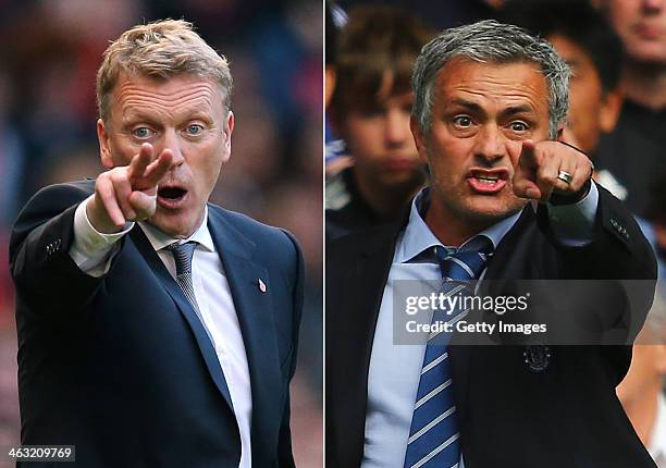 Image Numbers 185933325 and 176736916) In this composite image a comparison has been made between David Moyes, Manager of Manchester United and Jose...