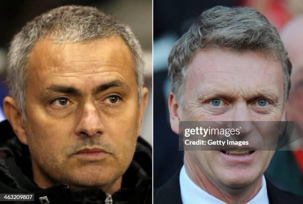 Image Numbers 457440753 and 458764923) In this composite image a comparison has been made between Jose Mourinho, Manager of Chelsea and David Moyes,...