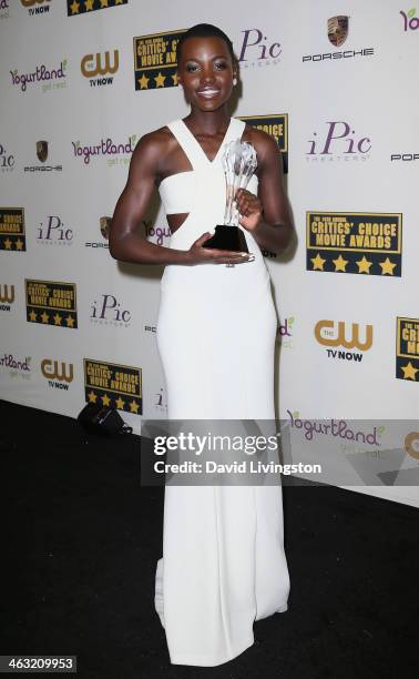 Actress Lupita Nyong'o attends the press room at the 19th Annual Critics' Choice Movie Awards at Barker Hangar on January 16, 2014 in Santa Monica,...