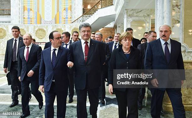 Russian President Vladimir Putin, French President Francois Hollande, Ukrainian President Petro Poroshenko, German Chancellor Angela Merkel and and...