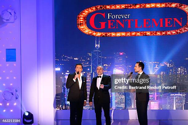 Singer Dany Brillant, Actor Antoine Dulery and Singer Damien Sargue perform during the 'Vivement Dimanche' French TV Show. Held at Pavillon Gabriel...