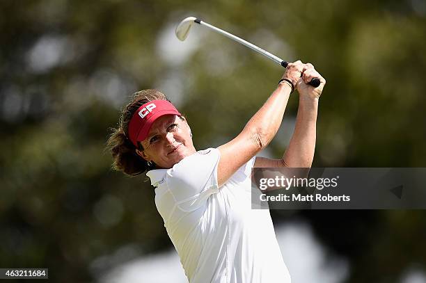 Lorie Kane of Canada hits her tee shot on the 8th hole during day one of the 2015 Ladies Masters at Royal Pines Resort on February 12, 2015 on the...