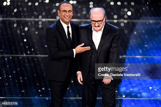 Carlo Conti and Pino Donaggio attend second night 65th Festival di Sanremo 2015 at Teatro Ariston on February 11, 2015 in Sanremo, Italy.