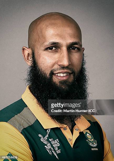 Hashim Amla poses during the South Africa 2015 ICC Cricket World Cup Headshots Session at the Rydges Latimer on February 7, 2015 in Christchurch, New...