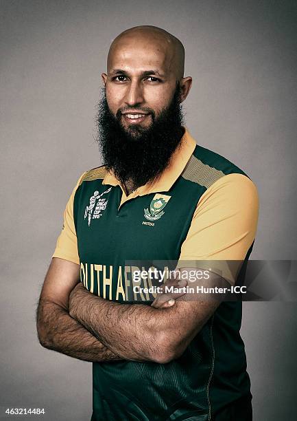 Hashim Amla poses during the South Africa 2015 ICC Cricket World Cup Headshots Session at the Rydges Latimer on February 7, 2015 in Christchurch, New...