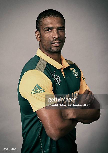 Vernon Philander poses during the South Africa 2015 ICC Cricket World Cup Headshots Session at the Rydges Latimer on February 7, 2015 in...
