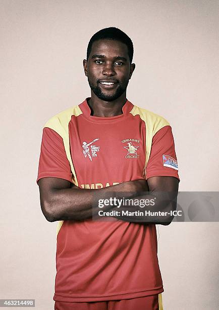 Elton Chigumbura poses during the Zimbabwe 2015 ICC Cricket World Cup Headshots Session at the Rydges Latimer on February 8, 2015 in Christchurch,...