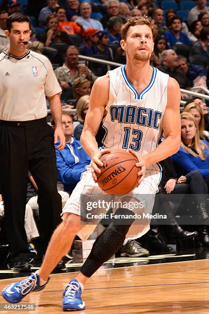 Luke Ridnour of the Orlando Magic handles the ball against the New York Knicks on February 11, 2015 at Amway Center in Orlando, Florida. NOTE TO...