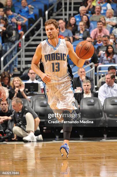 Luke Ridnour of the Orlando Magic brings the ball up court against the New York Knicks on February 11, 2015 at Amway Center in Orlando, Florida. NOTE...