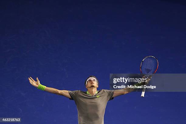 Denis Istomin of Uzbekistan reacts after hitting a winner in his match against Novak Djokovic of Serbia during day five of the 2014 Australian Open...