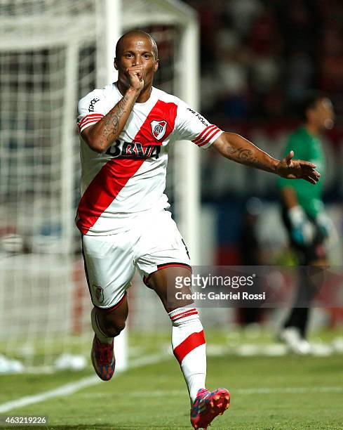 Carlos Sanchez of River Plate celebrates after scoring the first goal of his team during a second leg match between San Lorenzo and River Plate as...