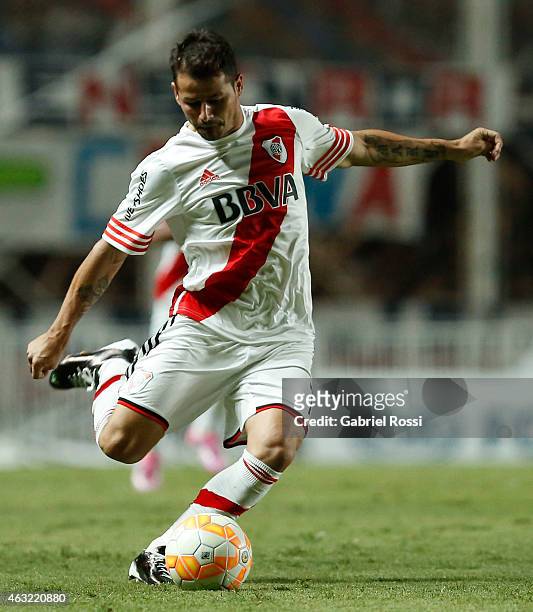 Rodrigo Mora of River Plate kicks the ball during a second leg match between San Lorenzo and River Plate as part of Recopa Sudamericana at Pedro...