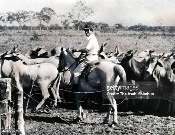 Former Japanese Imperial Army intelligent officer Hiroo Onoda on the horseback as he runs a farm in Brazil in 1981, Brazil. Leutinant Onoda, who...