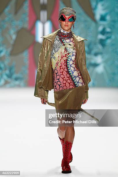 Rebecca Mir walks the runway at the Miranda Konstantinidou show during Mercedes-Benz Fashion Week Autumn/Winter 2014/15 at Brandenburg Gate on...