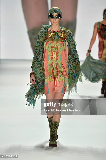 Model walks the runway at the Miranda Konstantinidou show during Mercedes-Benz Fashion Week Autumn/Winter 2014/15 at Brandenburg Gate on January 17,...