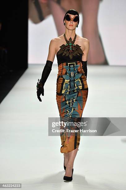 Model walks the runway at the Miranda Konstantinidou show during Mercedes-Benz Fashion Week Autumn/Winter 2014/15 at Brandenburg Gate on January 17,...