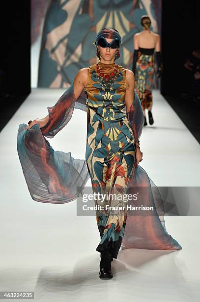 Model walks the runway at the Miranda Konstantinidou show during Mercedes-Benz Fashion Week Autumn/Winter 2014/15 at Brandenburg Gate on January 17,...