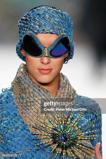 Rebecca Mir walks the runway at the Miranda Konstantinidou show during Mercedes-Benz Fashion Week Autumn/Winter 2014/15 at Brandenburg Gate on...