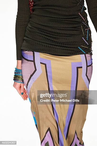 Model walks the runway at the Miranda Konstantinidou show during Mercedes-Benz Fashion Week Autumn/Winter 2014/15 at Brandenburg Gate on January 17,...