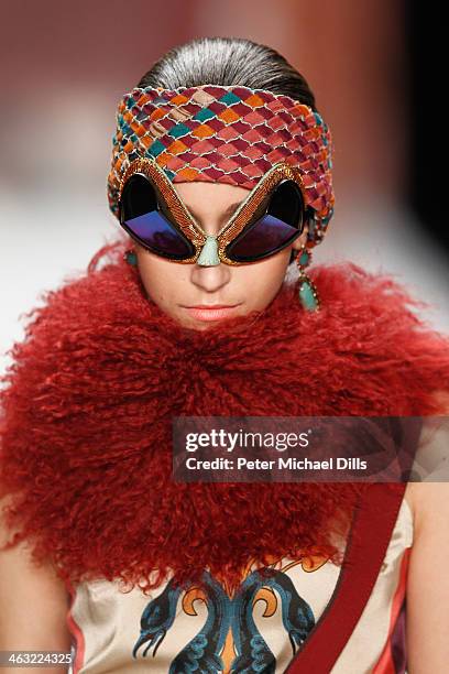 Model walks the runway at the Miranda Konstantinidou show during Mercedes-Benz Fashion Week Autumn/Winter 2014/15 at Brandenburg Gate on January 17,...