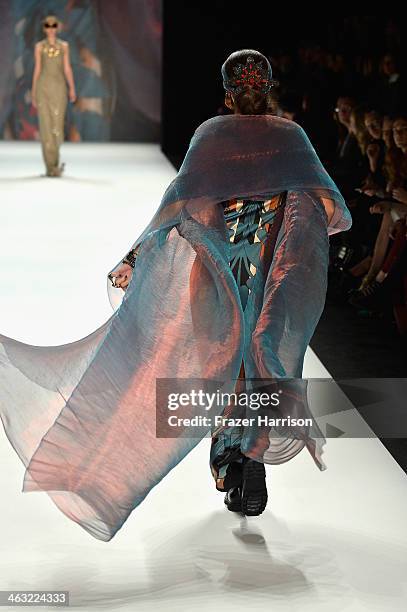 Model walks the runway at the Miranda Konstantinidou show during Mercedes-Benz Fashion Week Autumn/Winter 2014/15 at Brandenburg Gate on January 17,...