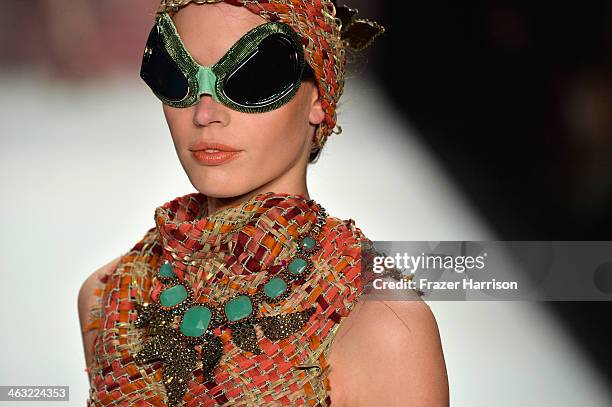 Model walks the runway at the Miranda Konstantinidou show during Mercedes-Benz Fashion Week Autumn/Winter 2014/15 at Brandenburg Gate on January 17,...