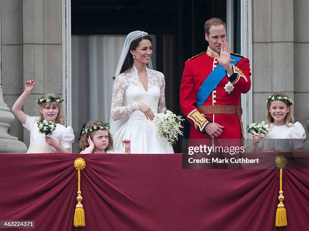 Catherine, Duchess of Cambridge and Prince William, Duke of Cambridge on the balcony at Buckingham Palace with Bridesmaids Margarita Armstrong-Jones...