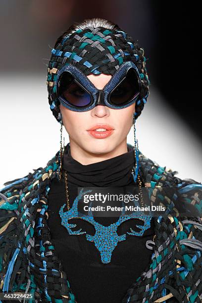 Model Sarah-Anessa Hitzschke walks the runway at the Miranda Konstantinidou show during Mercedes-Benz Fashion Week Autumn/Winter 2014/15 at...