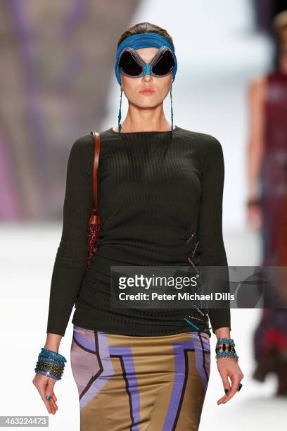 Model walks the runway at the Miranda Konstantinidou show during Mercedes-Benz Fashion Week Autumn/Winter 2014/15 at Brandenburg Gate on January 17,...