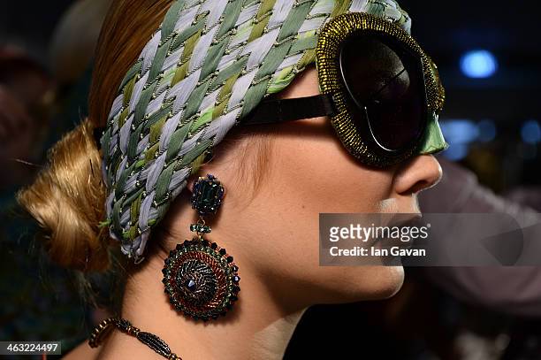 Model is seen backstage ahead of the Miranda Konstantinidou show during Mercedes-Benz Fashion Week Autumn/Winter 2014/15 at Brandenburg Gate on...