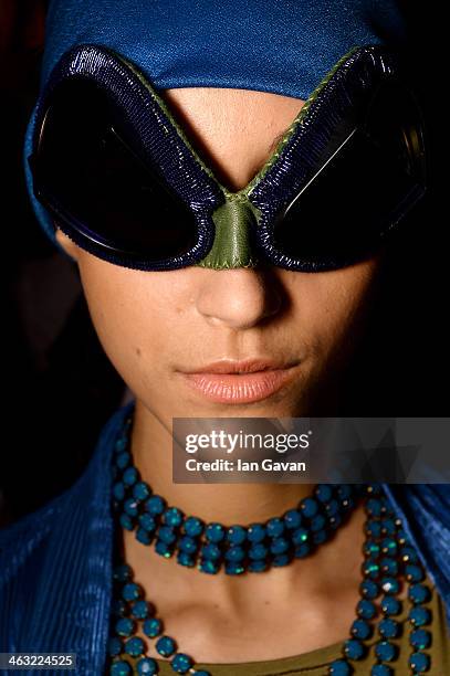 Model is seen backstage ahead of the Miranda Konstantinidou show during Mercedes-Benz Fashion Week Autumn/Winter 2014/15 at Brandenburg Gate on...