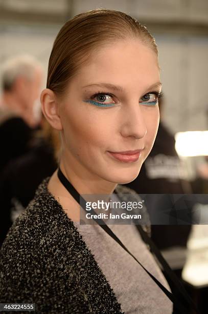 Model is seen backstage ahead of the Miranda Konstantinidou show during Mercedes-Benz Fashion Week Autumn/Winter 2014/15 at Brandenburg Gate on...