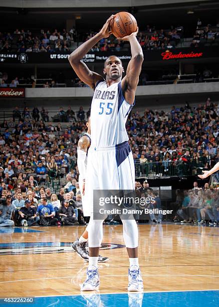 Bernard James of the Dallas Mavericks shoots a free throw in his first action since re-joining the Mavericks on a 10-day contract against the Utah...